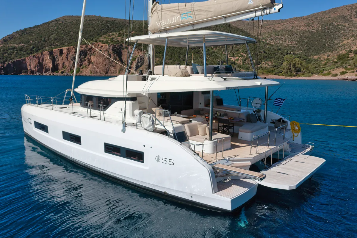 Exterior view of VALIUM 55, a Lagoon 55 catamaran at Municipal Unit of Nea Peramos, Greece