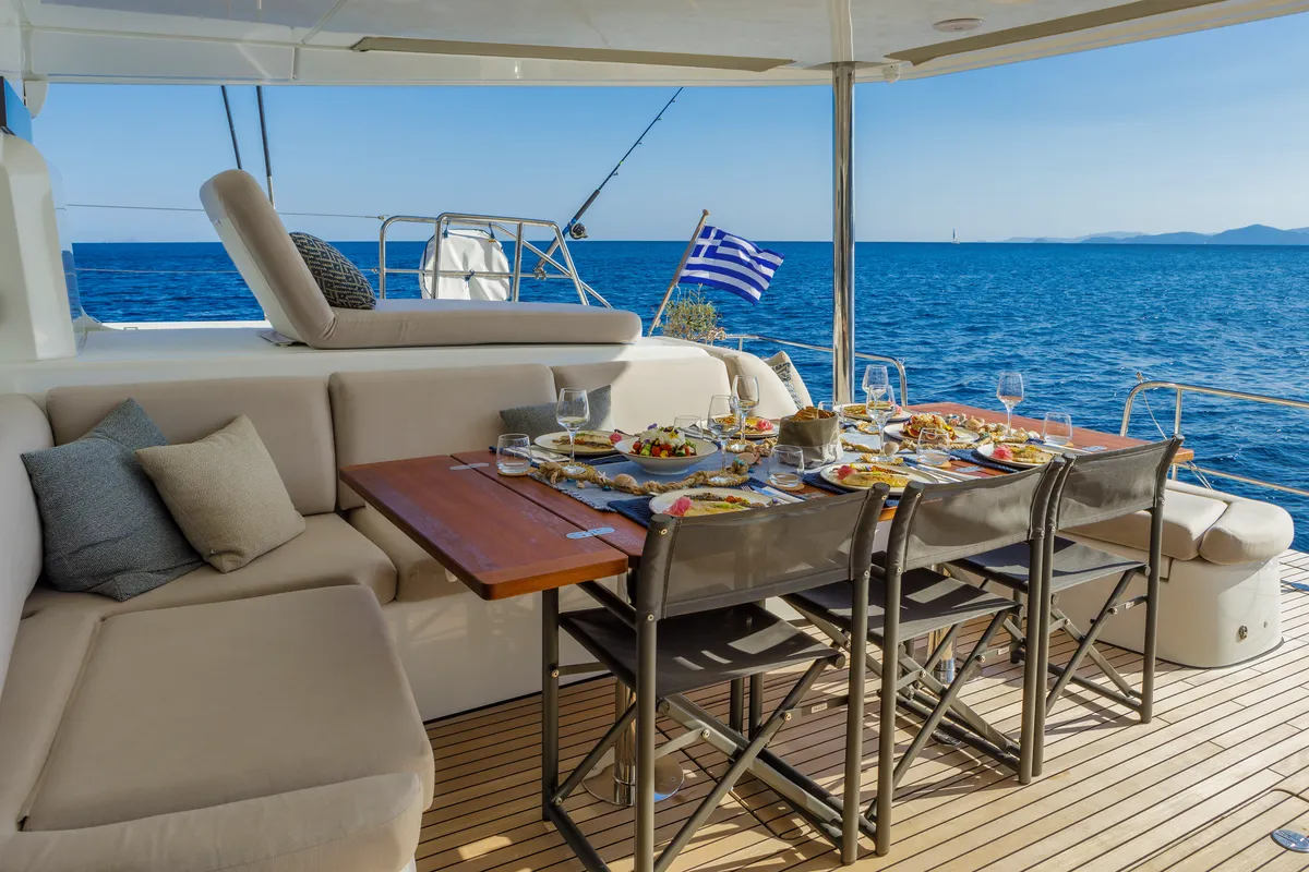 Deck of VALIUM 55, a Lagoon 55 catamaran at Municipal Unit of Nea Peramos, Greece