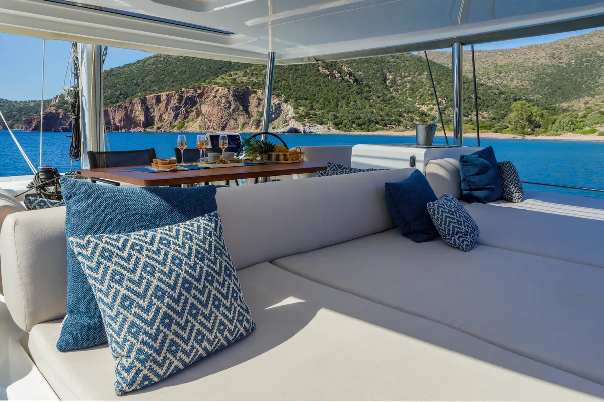 Deck of VALIUM 55, a Lagoon 55 catamaran at Municipal Unit of Nea Peramos, Greece