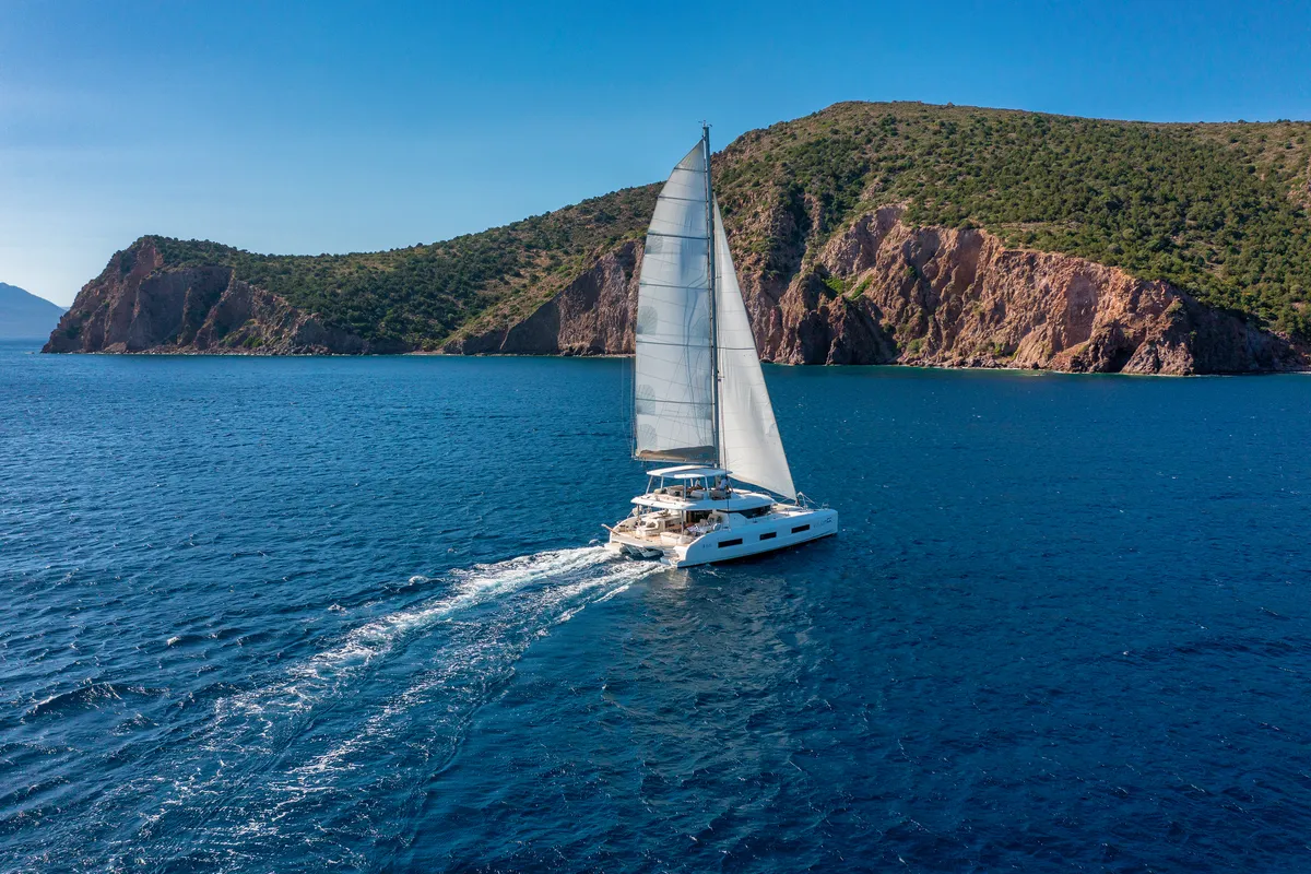 Exterior view of VALIUM 55, a Lagoon 55 catamaran at Municipal Unit of Nea Peramos, Greece