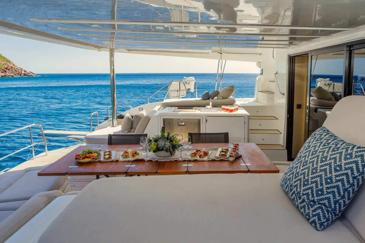 Deck of VALIUM 55, a Lagoon 55 catamaran at Municipal Unit of Nea Peramos, Greece