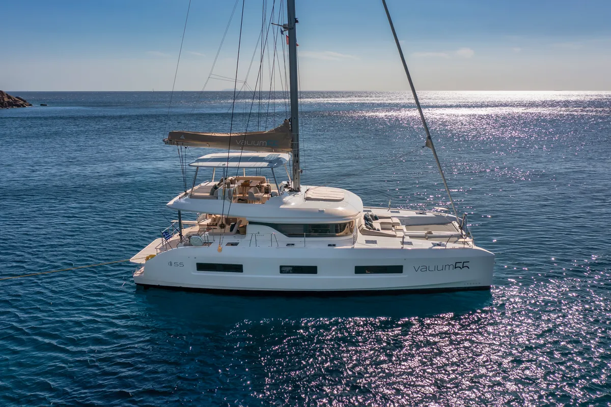 Exterior view of VALIUM 55, a Lagoon 55 catamaran at Municipal Unit of Nea Peramos, Greece