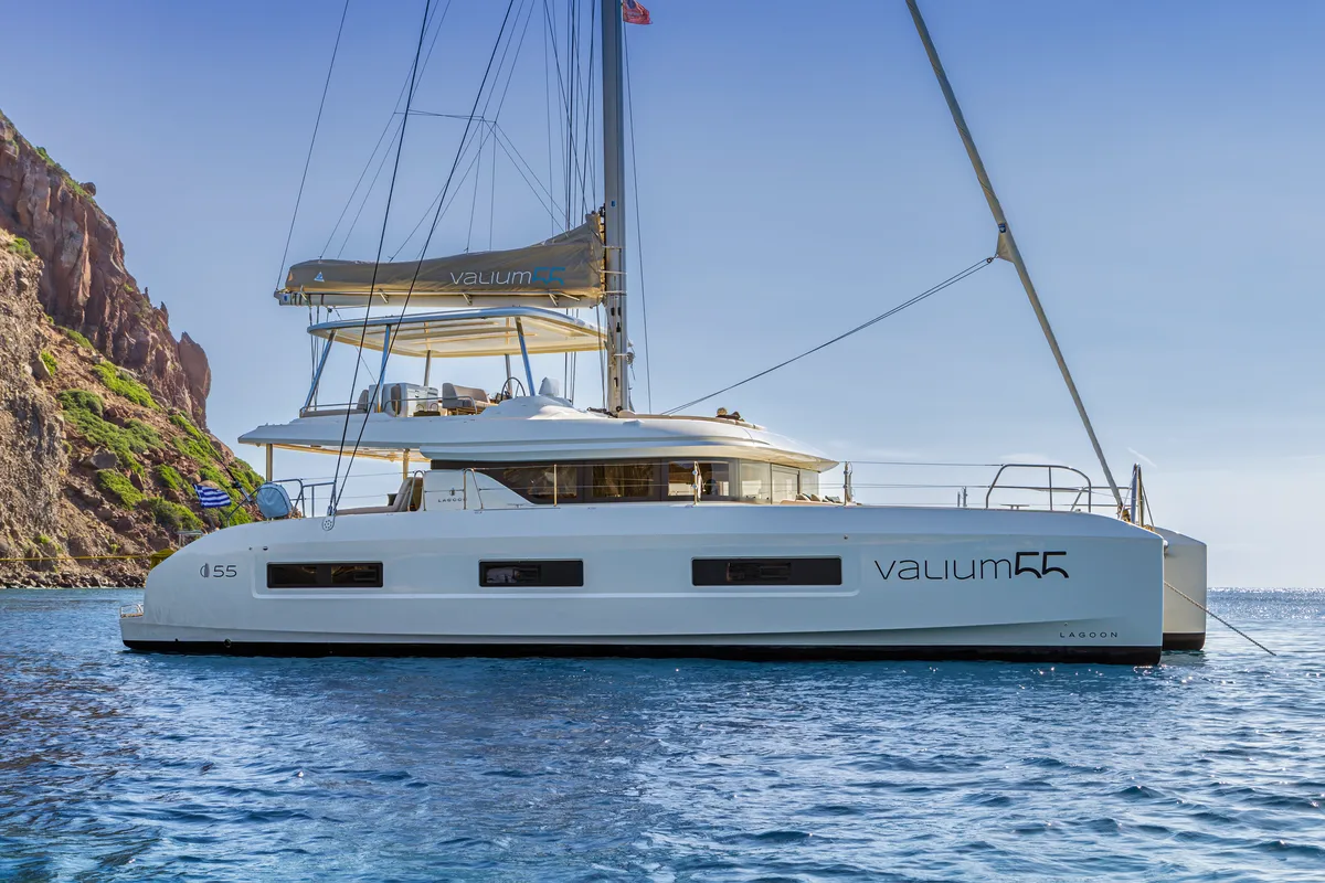 Exterior view of VALIUM 55, a Lagoon 55 catamaran at Municipal Unit of Nea Peramos, Greece