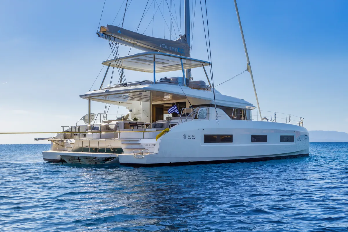 Exterior view of VALIUM 55, a Lagoon 55 catamaran at Municipal Unit of Nea Peramos, Greece
