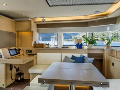 Salon of VALIUM 55, a Lagoon 55 catamaran at Municipal Unit of Nea Peramos, Greece