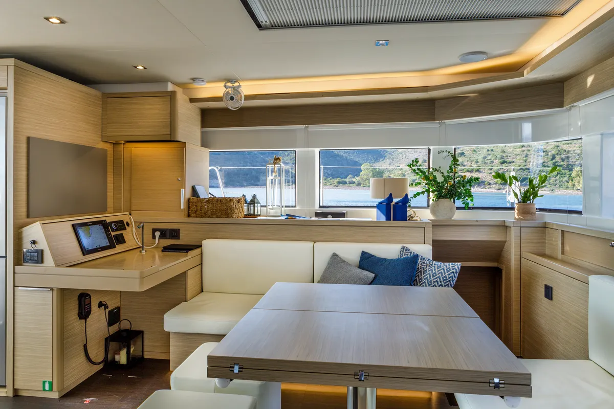 Salon of VALIUM 55, a Lagoon 55 catamaran at Municipal Unit of Nea Peramos, Greece