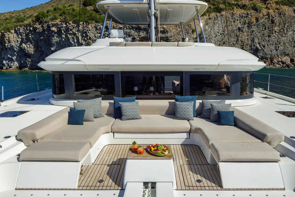 Deck of VALIUM 55, a Lagoon 55 catamaran at Municipal Unit of Nea Peramos, Greece
