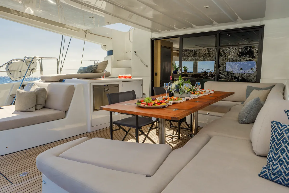 Deck of VALIUM 55, a Lagoon 55 catamaran at Municipal Unit of Nea Peramos, Greece