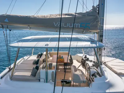 Cockpit of VALIUM 55, a Lagoon 55 catamaran at Municipal Unit of Nea Peramos, Greece