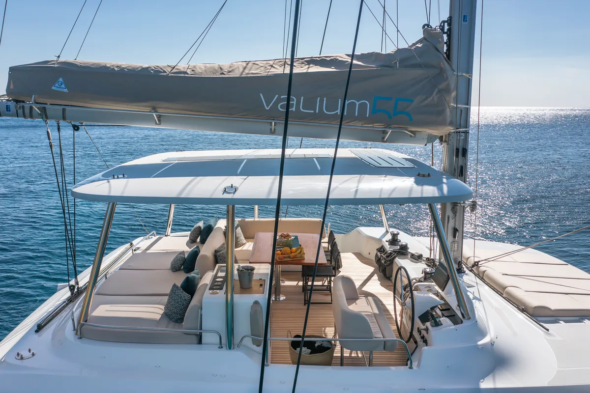 Cockpit of VALIUM 55, a Lagoon 55 catamaran at Municipal Unit of Nea Peramos, Greece