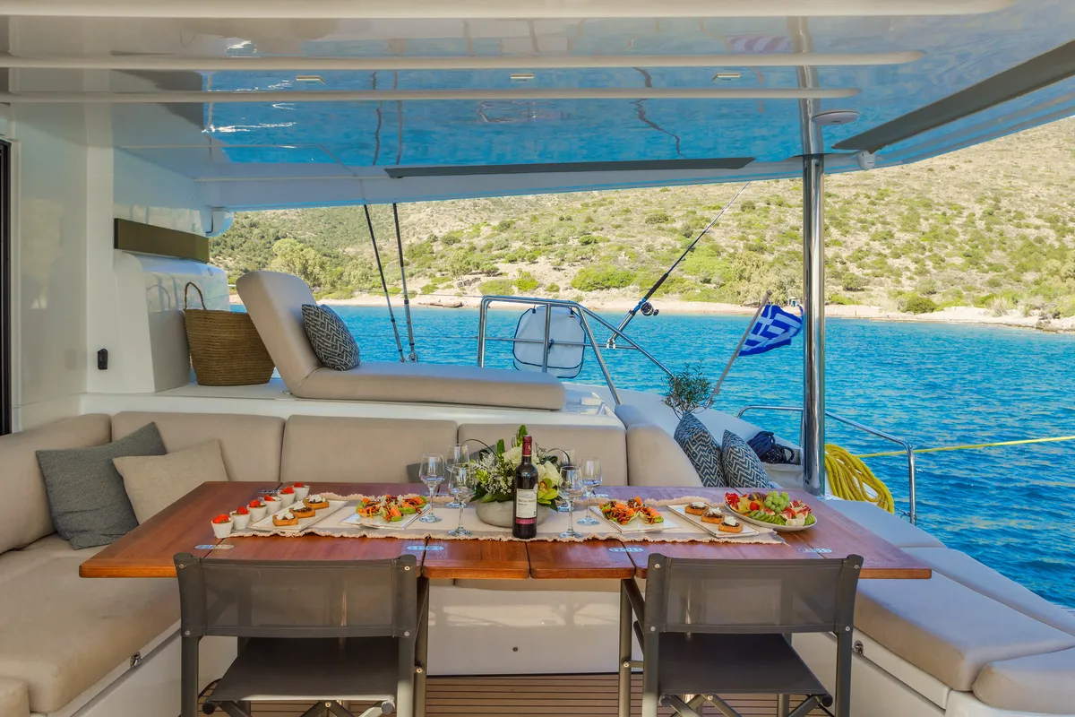 Exterior view of VALIUM 55, a Lagoon 55 catamaran at Municipal Unit of Nea Peramos, Greece