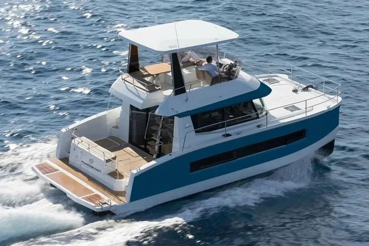 Exterior view of Rossinante, a Fountaine Pajot MY37 catamaran at Cogolin, France
