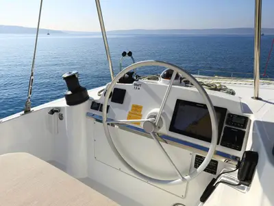 Cockpit of Beau Loup, a Bali 4.4 catamaran at Roche Caiman, Seychelles