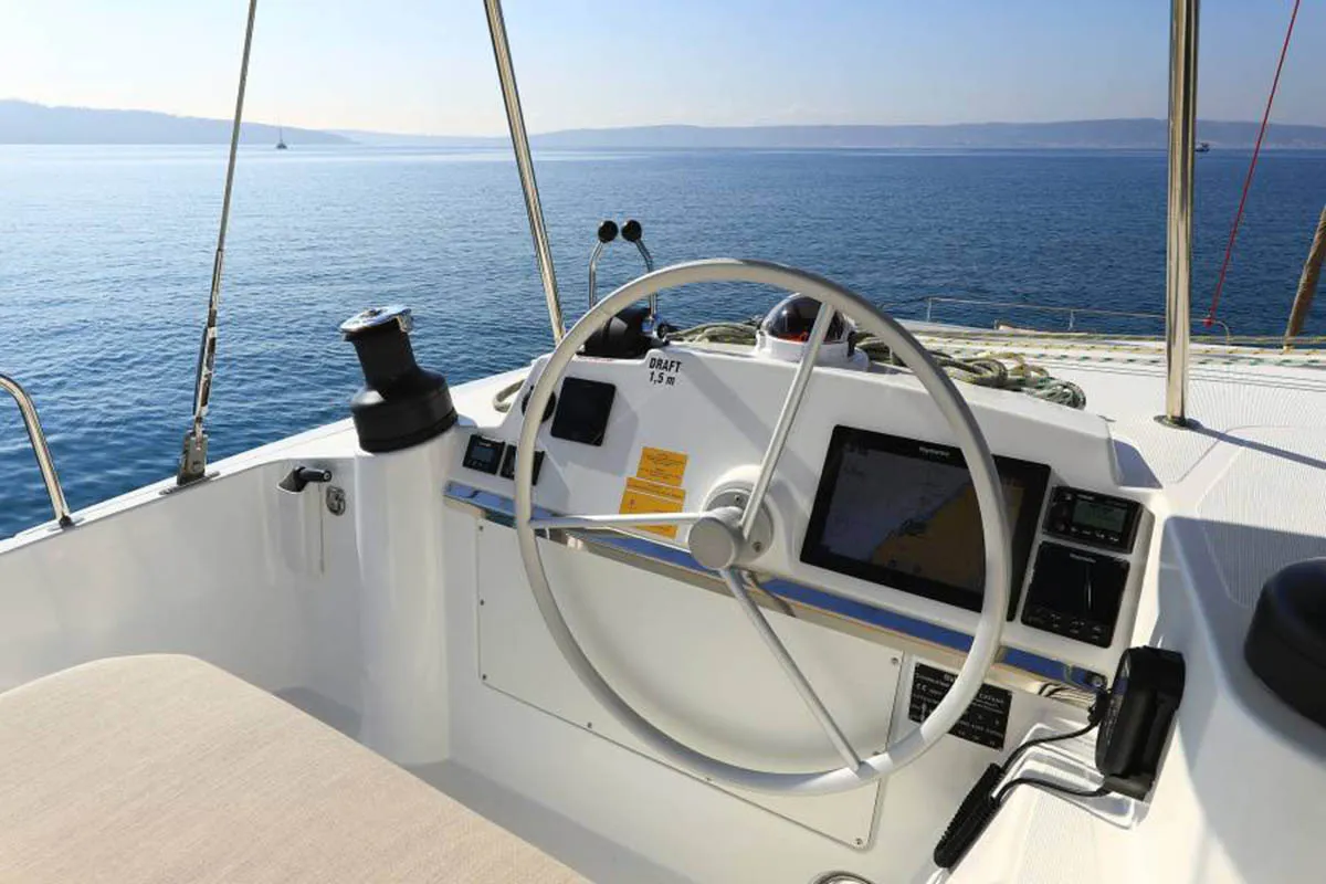 Cockpit of Beau Loup, a Bali 4.4 catamaran at Roche Caiman, Seychelles