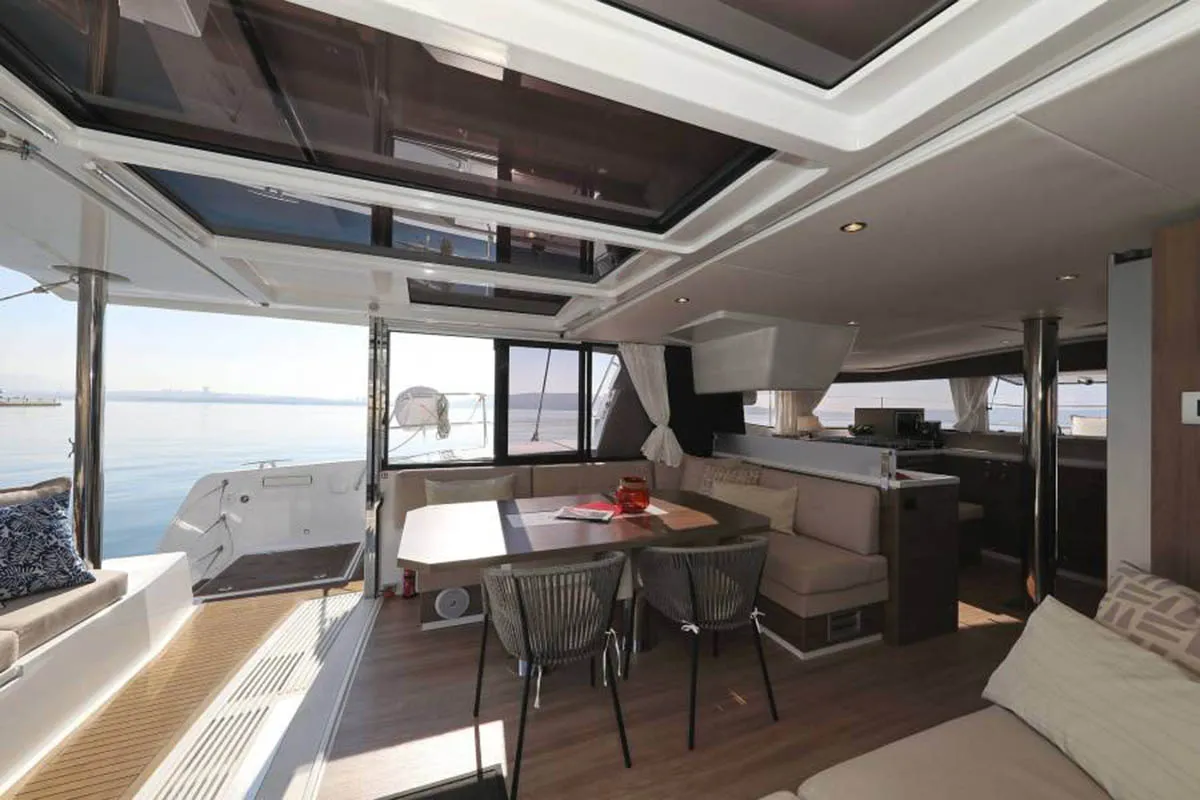 Salon of Beau Loup, a Bali 4.4 catamaran at Roche Caiman, Seychelles