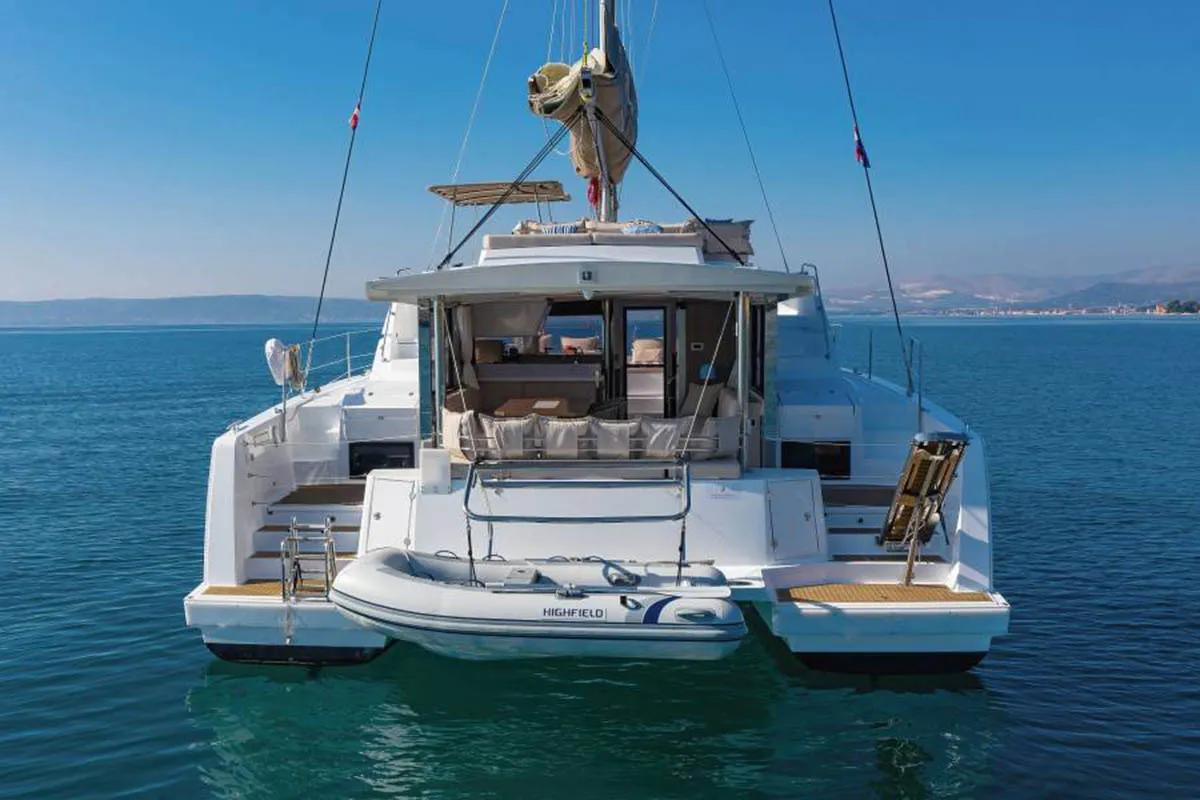 Exterior view of Beau Loup, a Bali 4.4 catamaran at Roche Caiman, Seychelles
