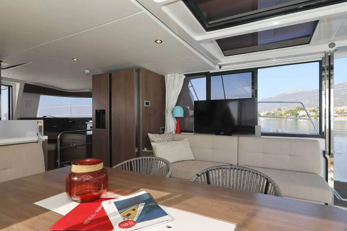 Salon of Beau Loup, a Bali 4.4 catamaran at Roche Caiman, Seychelles