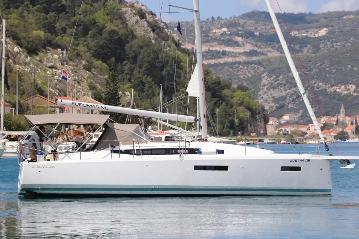 Exterior view of Bura Kiss, a Jeanneau Sun Odyssey 380 sailboat at Dubrovnik, Croatia