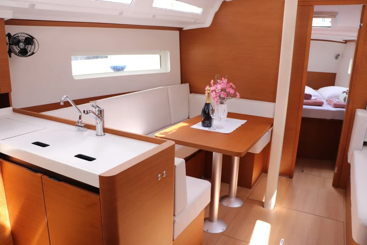 Salon of Bura Kiss, a Jeanneau Sun Odyssey 380 sailboat at Dubrovnik, Croatia