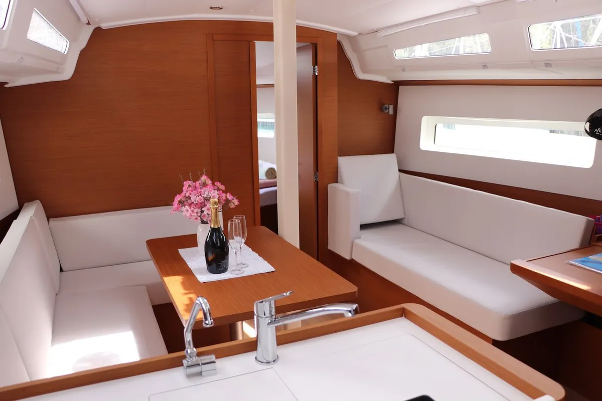 Salon of Bura Kiss, a Jeanneau Sun Odyssey 380 sailboat at Dubrovnik, Croatia