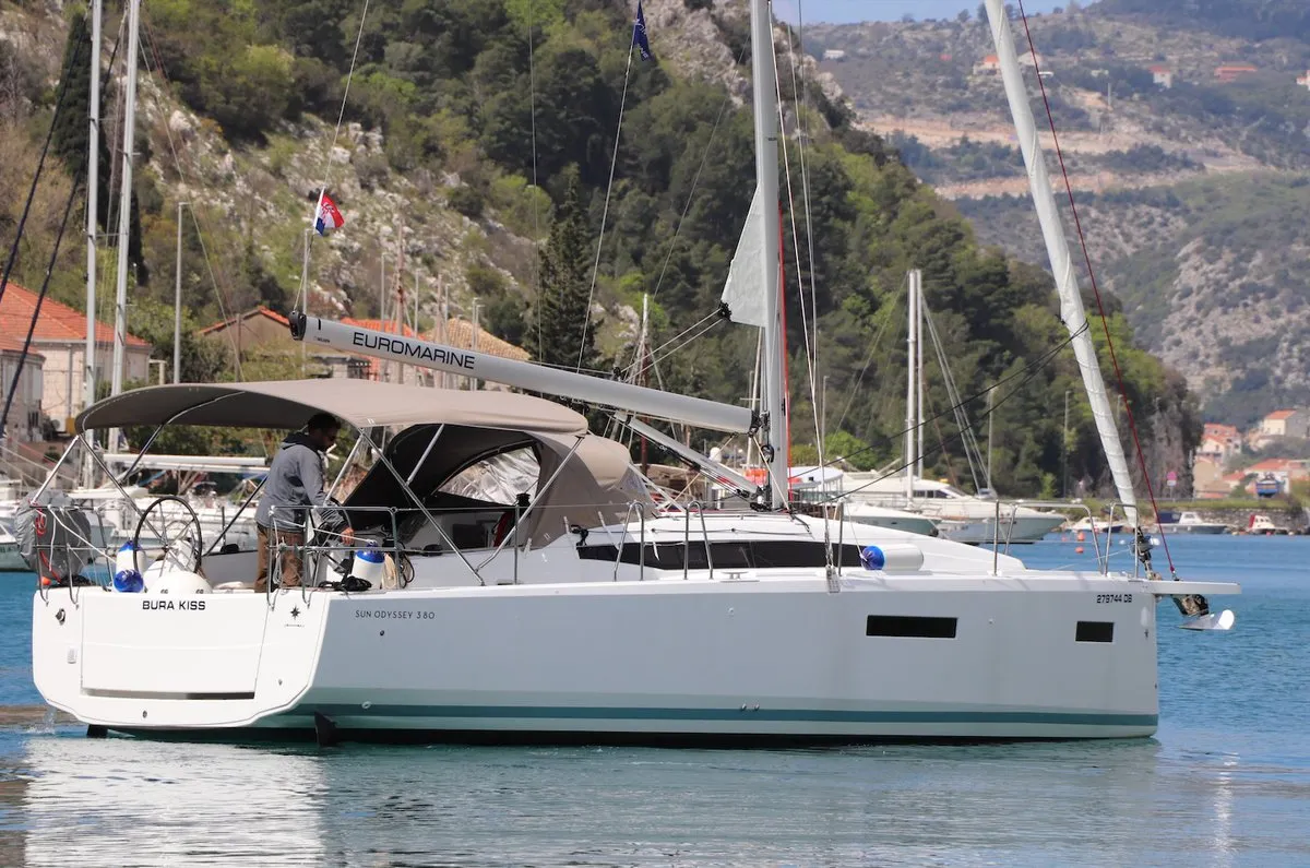 Exterior view of Bura Kiss, a Jeanneau Sun Odyssey 380 sailboat at Dubrovnik, Croatia