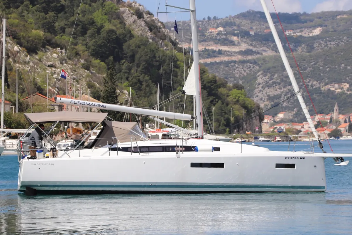 Exterior view of Bura Kiss, a Jeanneau Sun Odyssey 380 sailboat at Dubrovnik, Croatia