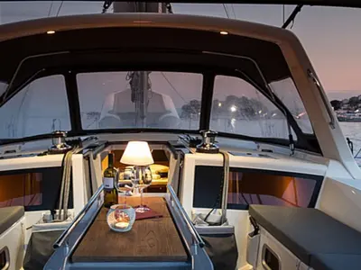 Cockpit of INVICTUS, a Beneteau Oceanis 48 sailboat at Skiathos, Greece