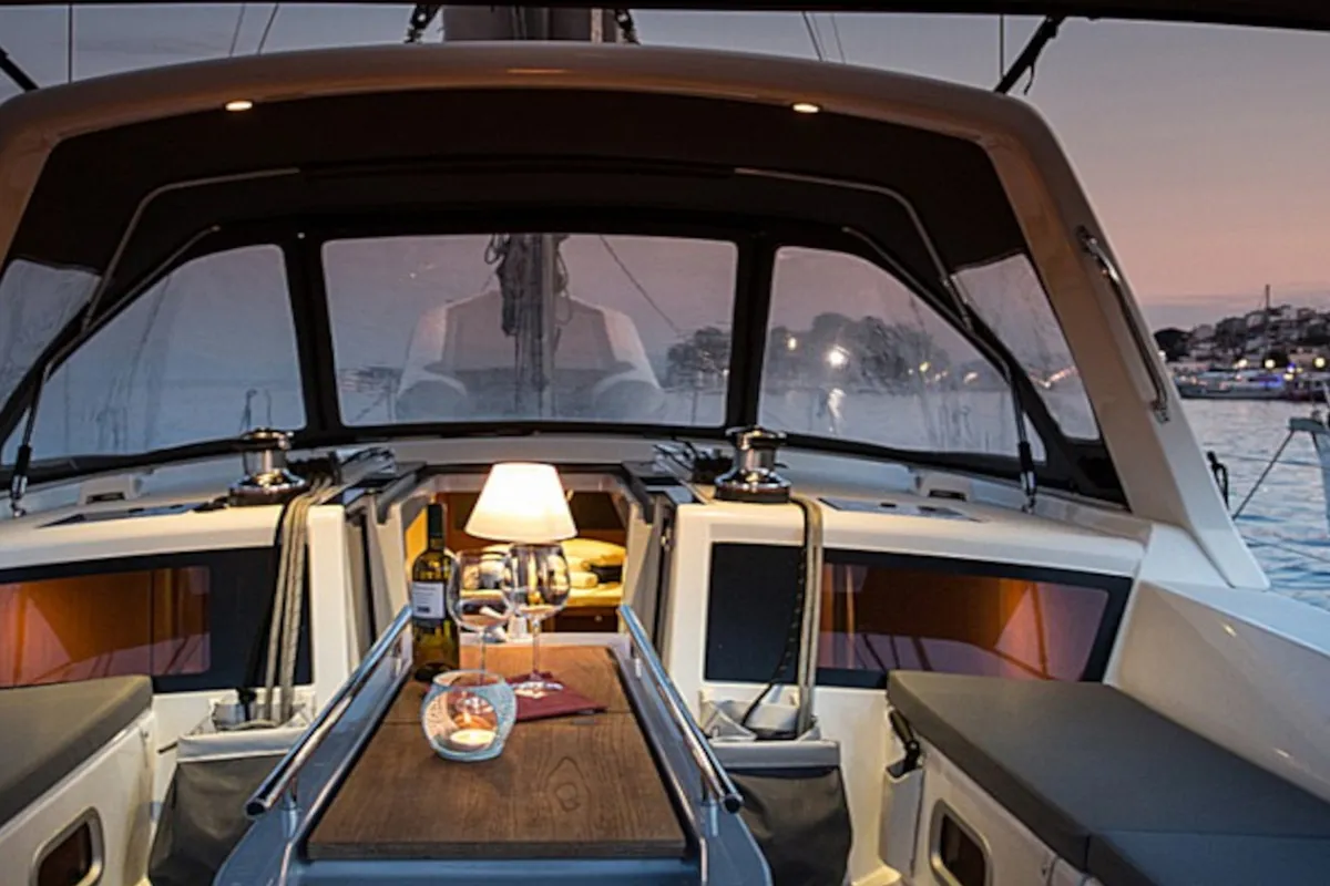 Cockpit of INVICTUS, a Beneteau Oceanis 48 sailboat at Skiathos, Greece