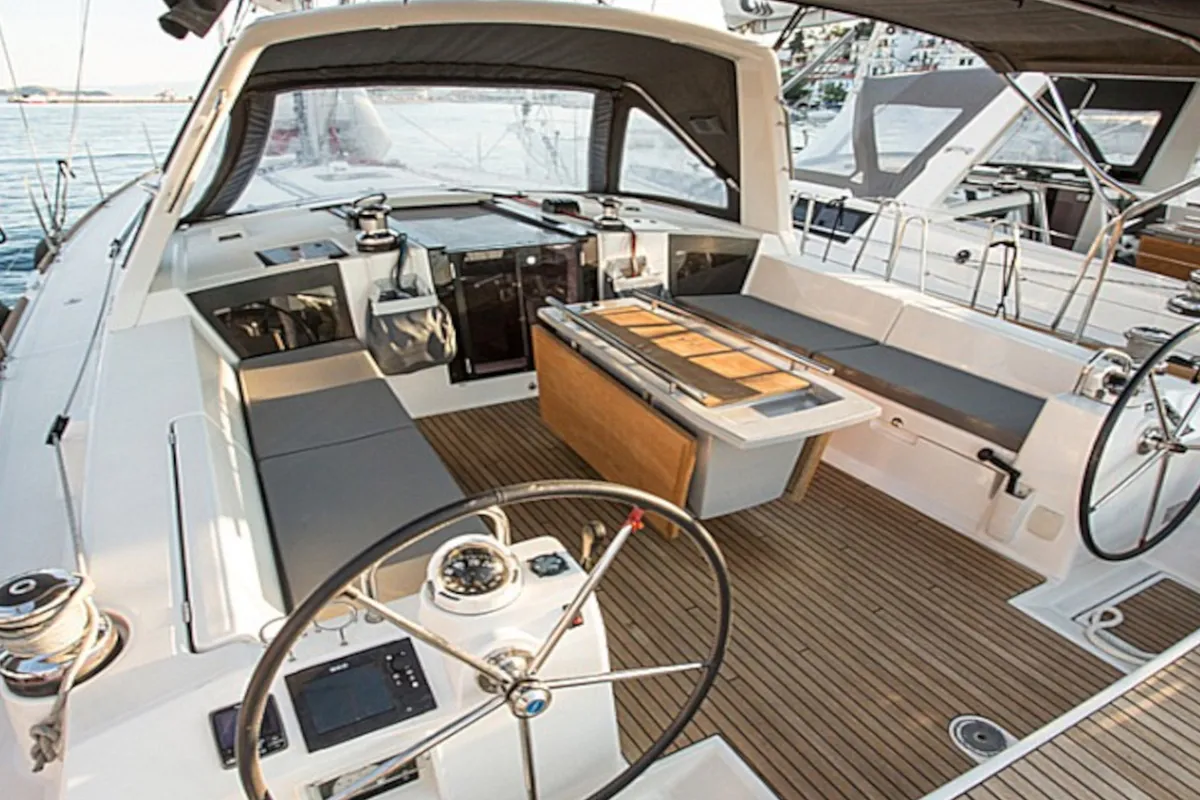 Cockpit of INVICTUS, a Beneteau Oceanis 48 sailboat at Skiathos, Greece