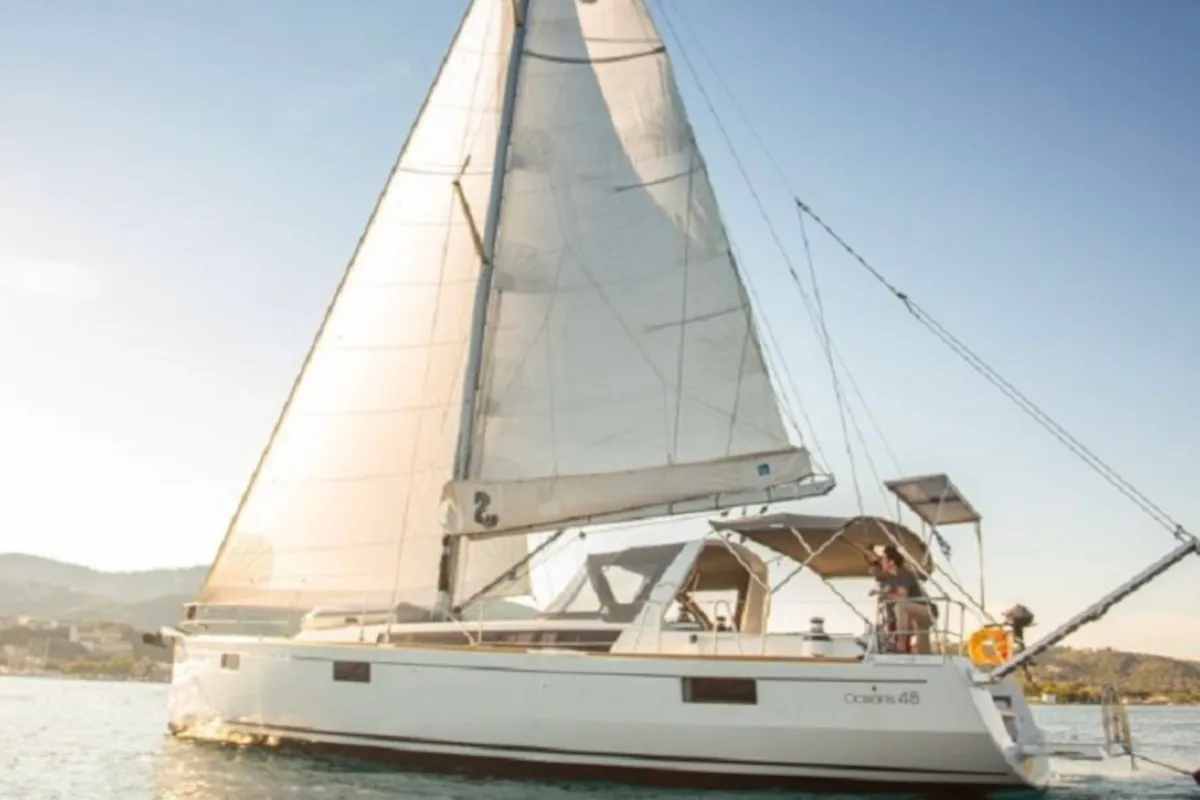 Exterior view of INVICTUS, a Beneteau Oceanis 48 sailboat at Skiathos, Greece