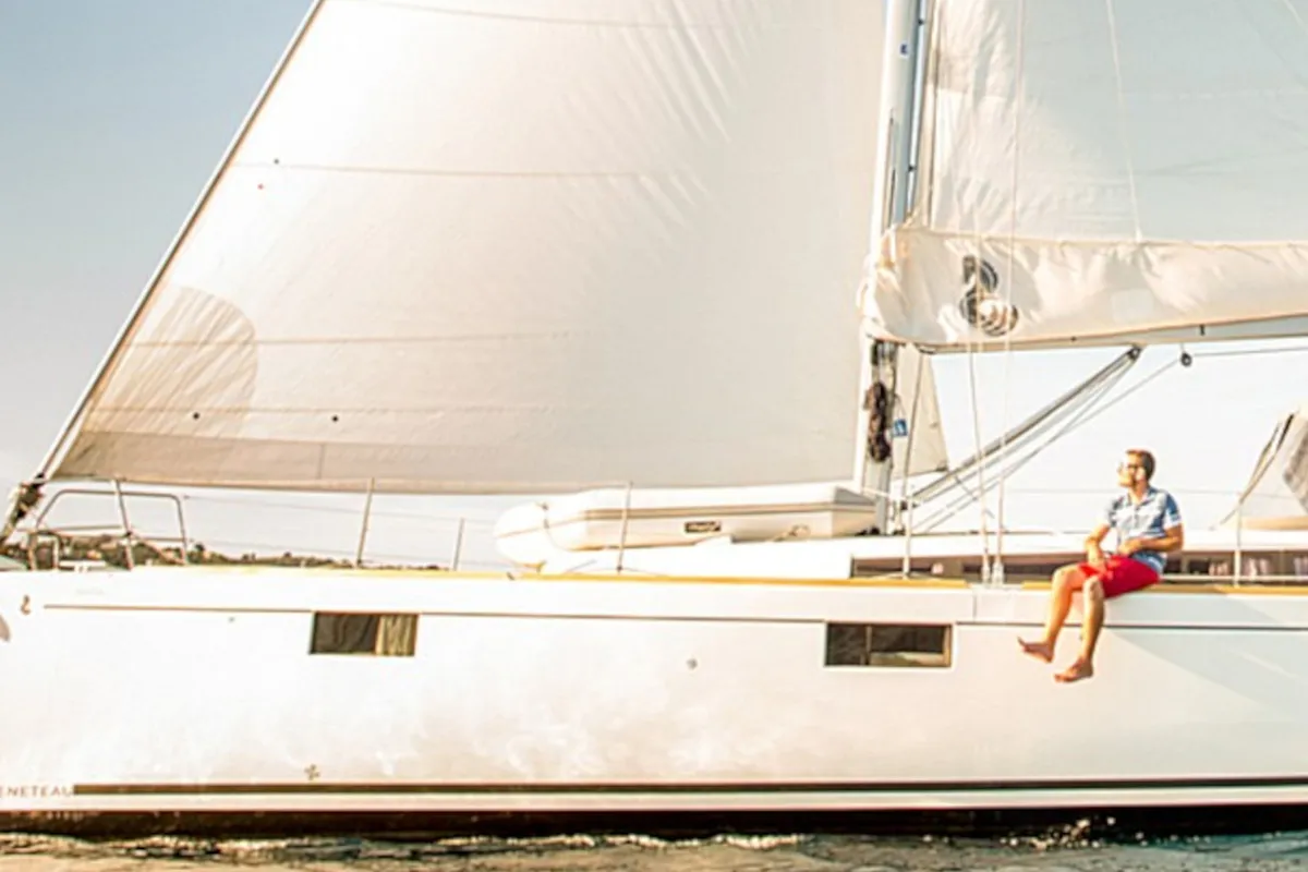 Exterior view of INVICTUS, a Beneteau Oceanis 48 sailboat at Skiathos, Greece