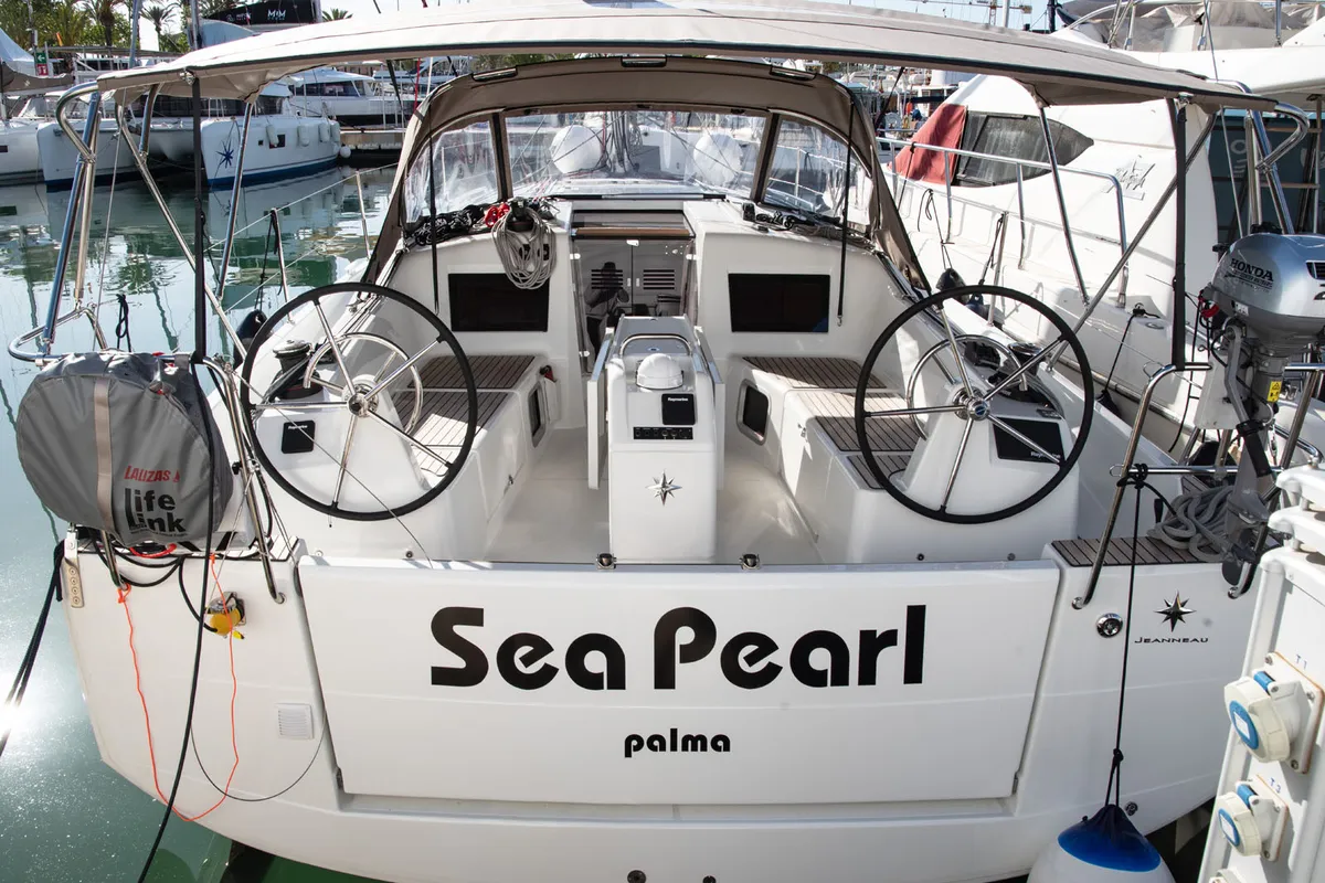 Cockpit of Sea Pearl, a Jeanneau Sun Odyssey 410 sailboat at Palma de Mallorca, Spain