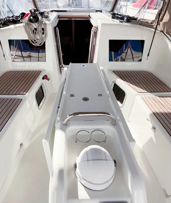 Cockpit of Sea Pearl, a Jeanneau Sun Odyssey 410 sailboat at Palma de Mallorca, Spain