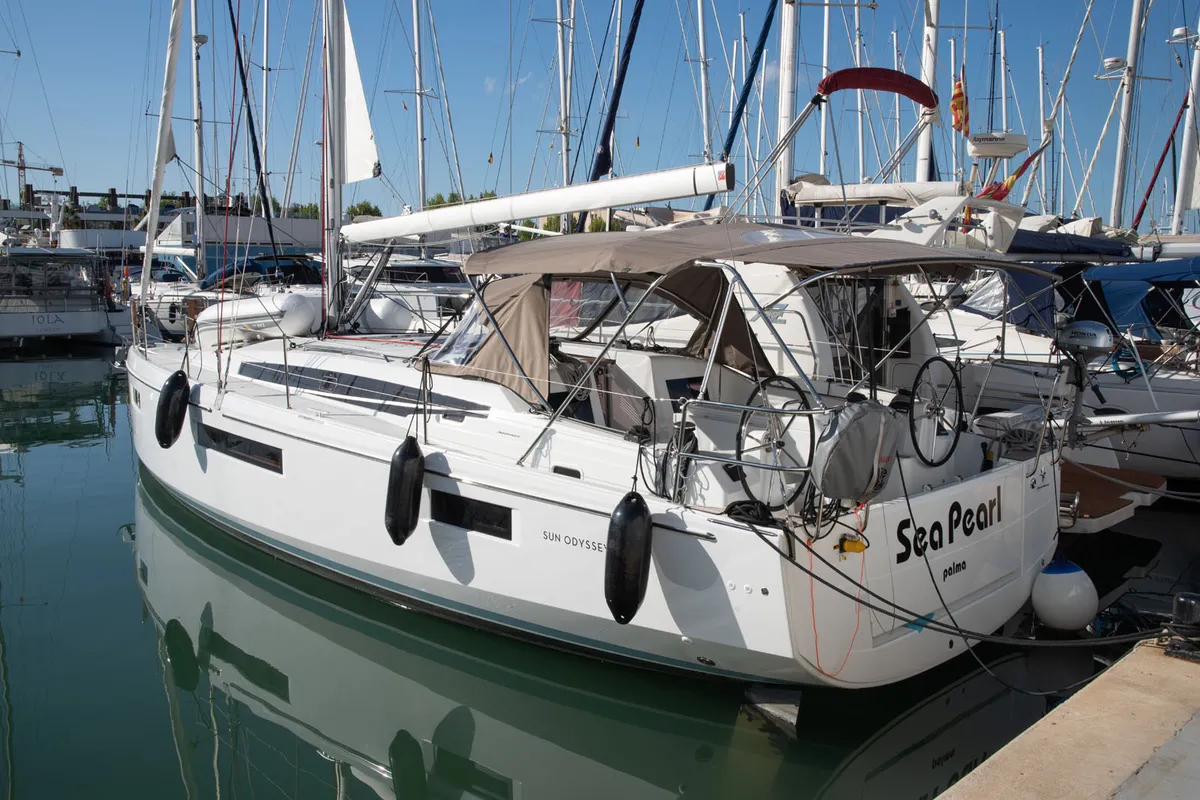 Exterior view of Sea Pearl, a Jeanneau Sun Odyssey 410 sailboat at Palma de Mallorca, Spain