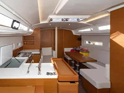 Salon of Sea Pearl, a Jeanneau Sun Odyssey 410 sailboat at Palma de Mallorca, Spain