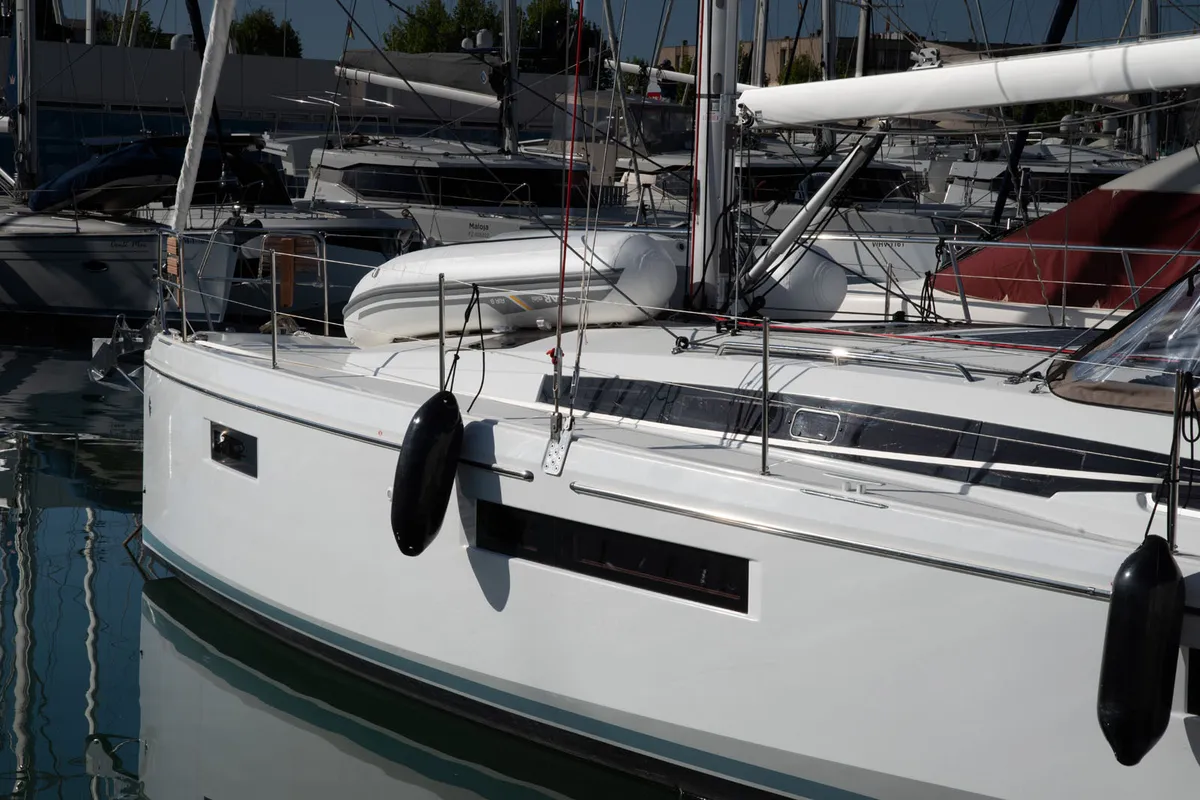 Exterior view of Sea Pearl, a Jeanneau Sun Odyssey 410 sailboat at Palma de Mallorca, Spain