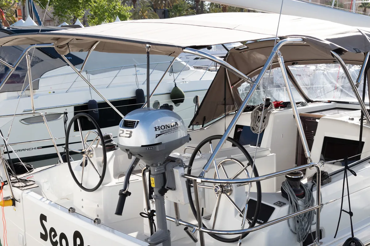 Cockpit of Sea Pearl, a Jeanneau Sun Odyssey 410 sailboat at Palma de Mallorca, Spain