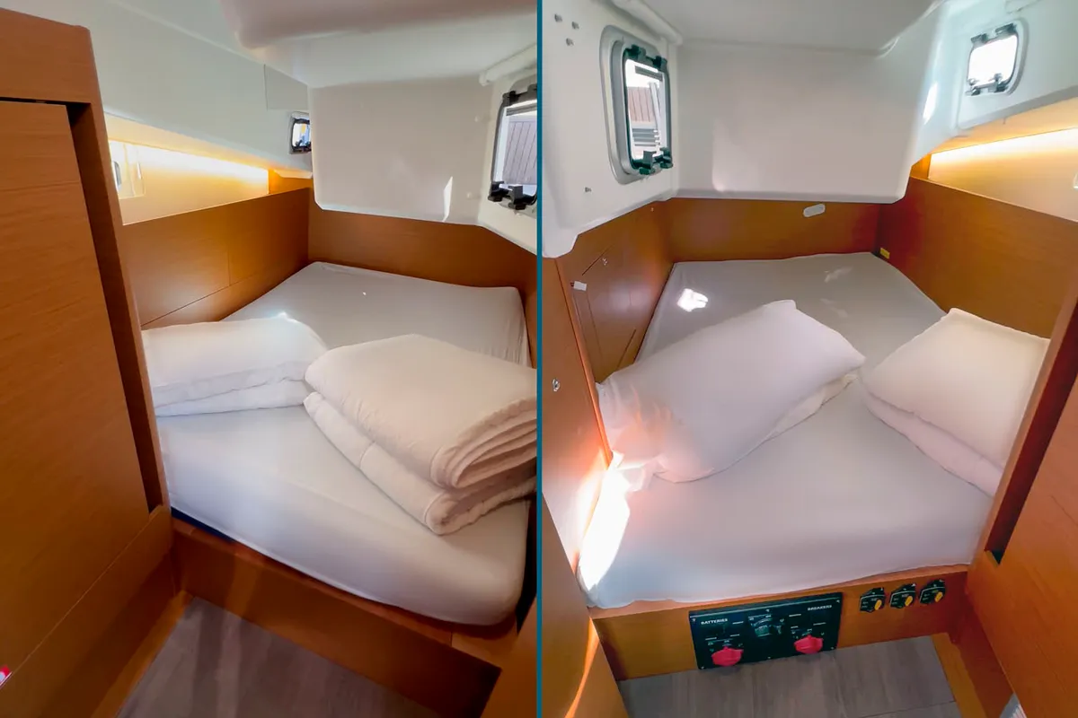 Cabin on Sea Pearl, a Jeanneau Sun Odyssey 410 sailboat at Palma de Mallorca, Spain