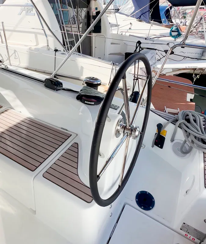 Cockpit of Sea Pearl, a Jeanneau Sun Odyssey 410 sailboat at Palma de Mallorca, Spain