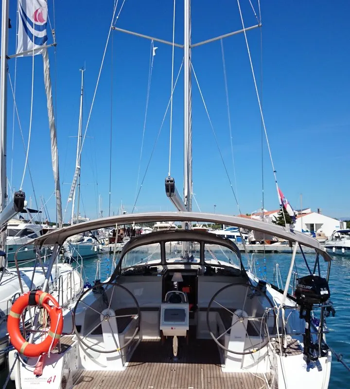 Exterior view of MH 49, a Bavaria Cruiser 46 sailboat at Murter, Croatia