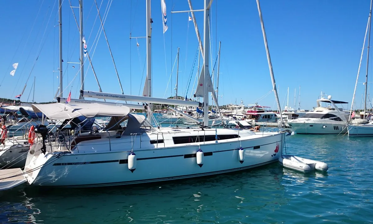 Exterior view of MH 49, a Bavaria Cruiser 46 sailboat at Murter, Croatia