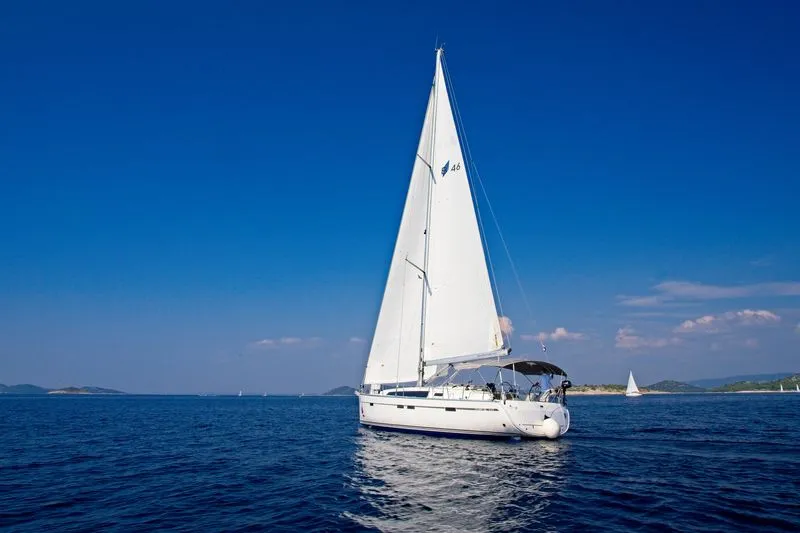 Exterior view of MH 49, a Bavaria Cruiser 46 sailboat at Murter, Croatia