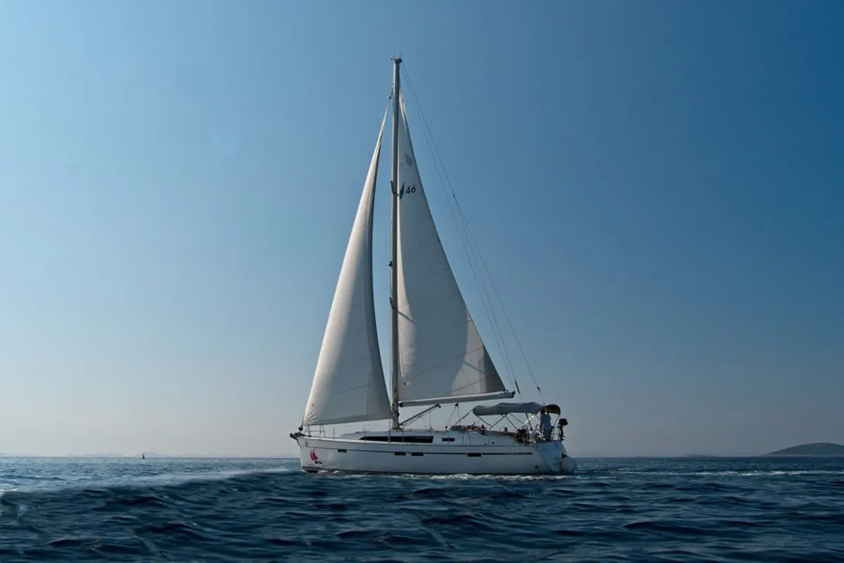 Exterior view of MH 49, a Bavaria Cruiser 46 sailboat at Murter, Croatia