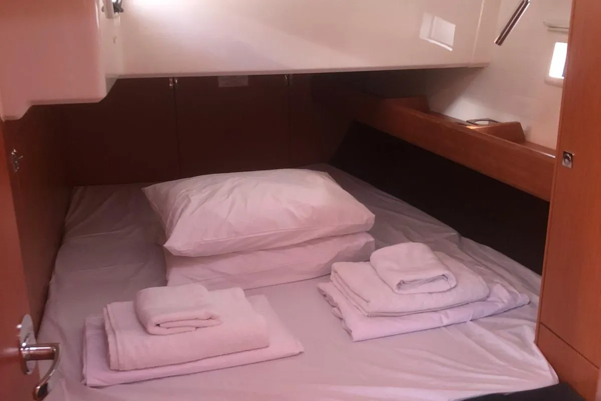 Cabin on Topcu, a Bavaria Cruiser 46 sailboat at Fethiye, Turkey