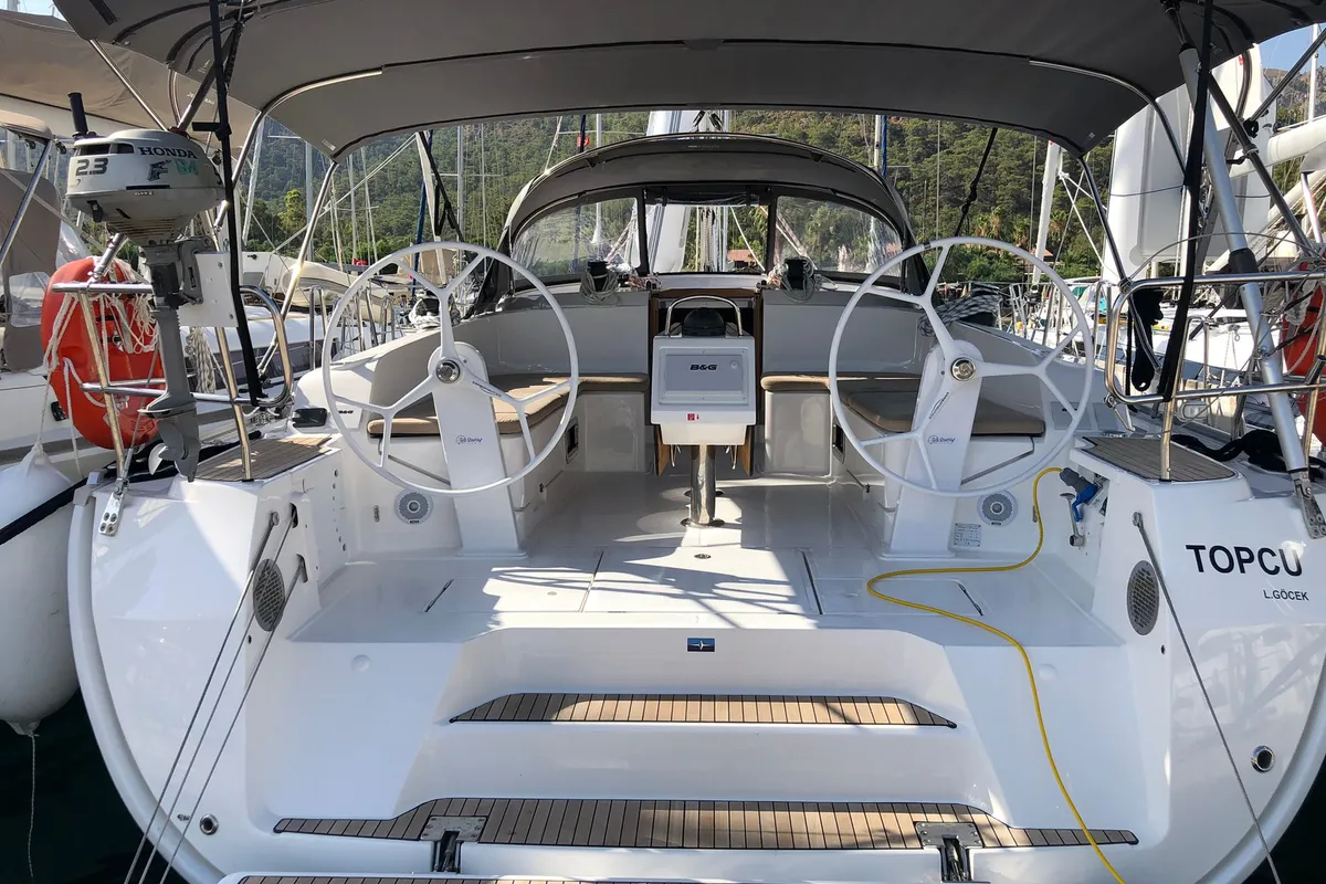 Cockpit of Topcu, a Bavaria Cruiser 46 sailboat at Fethiye, Turkey