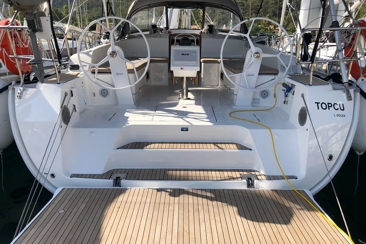 Cockpit of Topcu, a Bavaria Cruiser 46 sailboat at Fethiye, Turkey