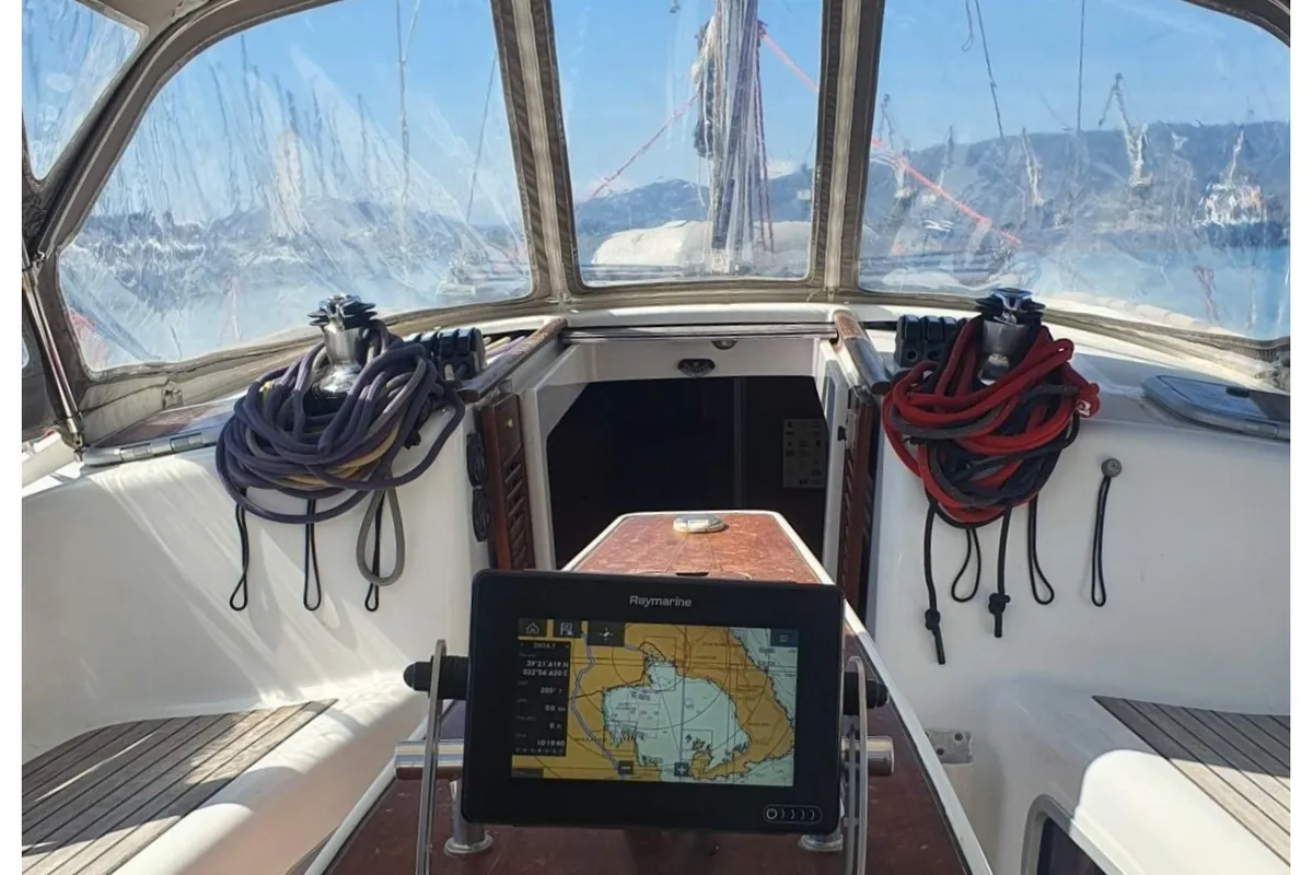 Cockpit of Anassa, a Beneteau Oceanis 40 sailboat at Volos, Greece