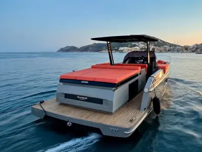 Premium, a De Antonio D28 Cruiser motorboat at Ibiza, Spain