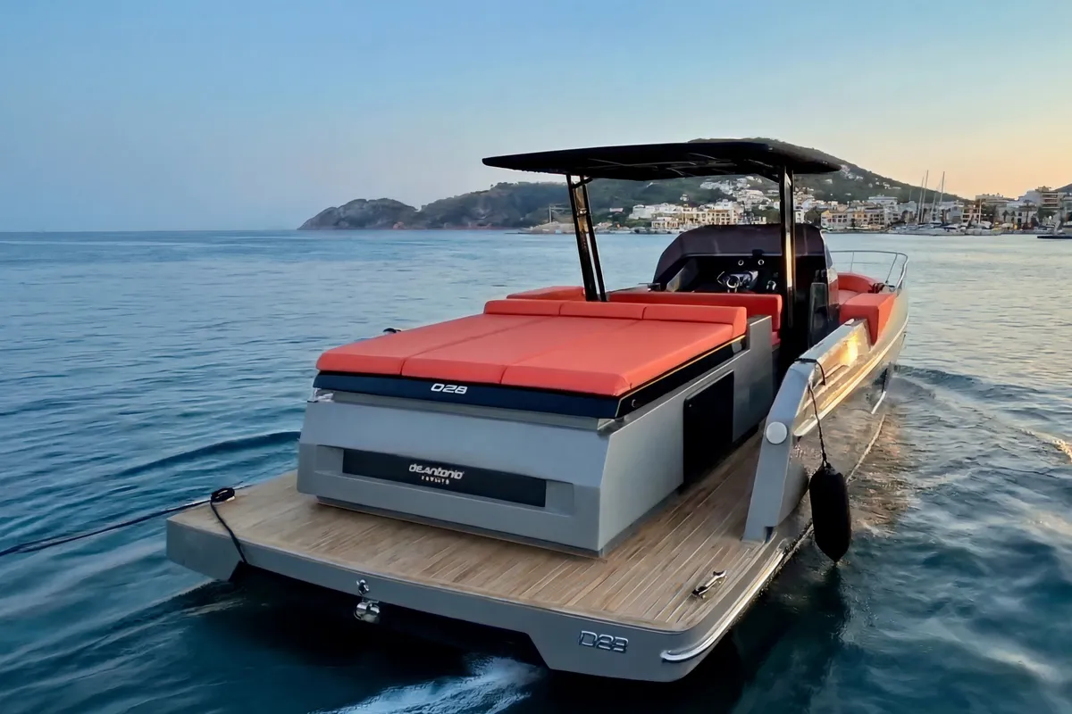 Premium, a De Antonio D28 Cruiser motorboat at Ibiza, Spain