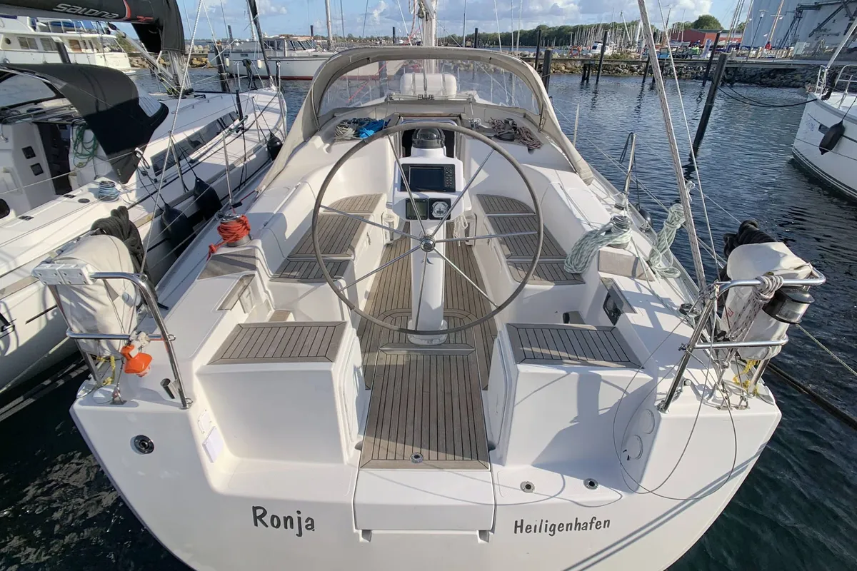 Cockpit of Ronja, a Hanse 370 sailboat at Barth, Germany